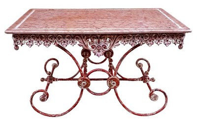 Casa Padrino Art Nouveau Garden Table in Wrought Iron and Marble, Antique Red and White, 130 x 80 x H. 75 cm