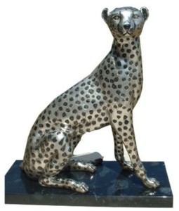 Casa Padrino figure de luxe en bronze argent / noir 37 x 15 x H. 40 cm - Guépard Assis avec Socle en Marbre