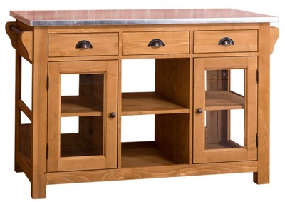 Casa Padrino îlot de cuisine de style country avec plan de travail zingué naturel / argent 135 x 65 x H. 90 cm - Armoire de Cuisine Style Country avec 4 Portes Vitrées et 6 Tiroirs