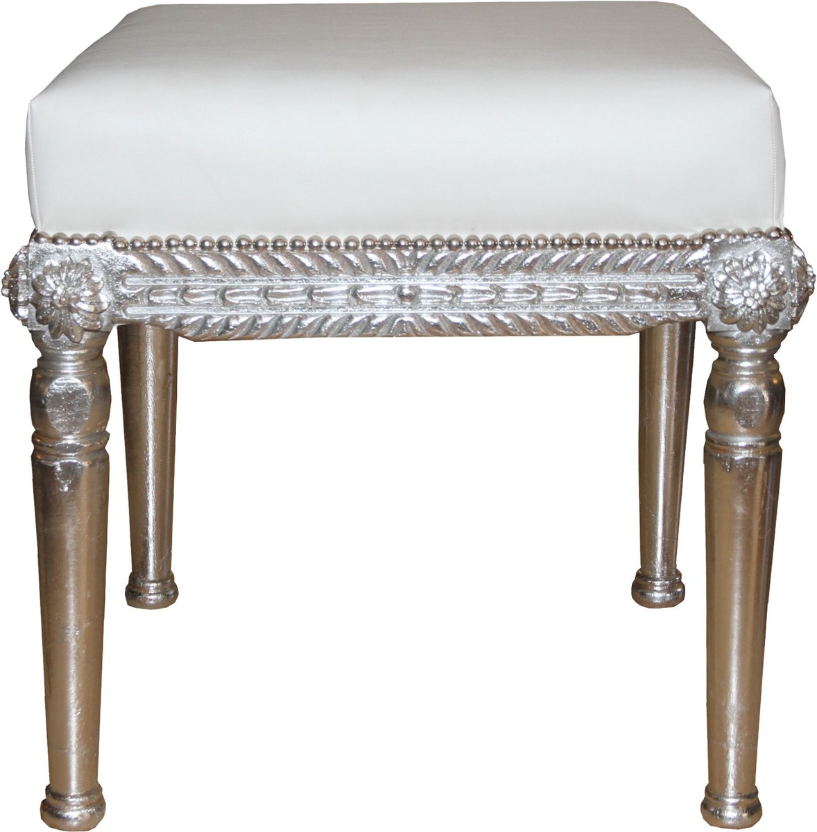 Taburete de estilo antiguo barroco Casa Padrino blanco / plateado An. 56 cm, alto 54 cm - Taburete barroco Taburete de estilo antiguo barroco Casa Padrino blanco / plateado An. 56 cm, alto 54 cm - Taburete barroco