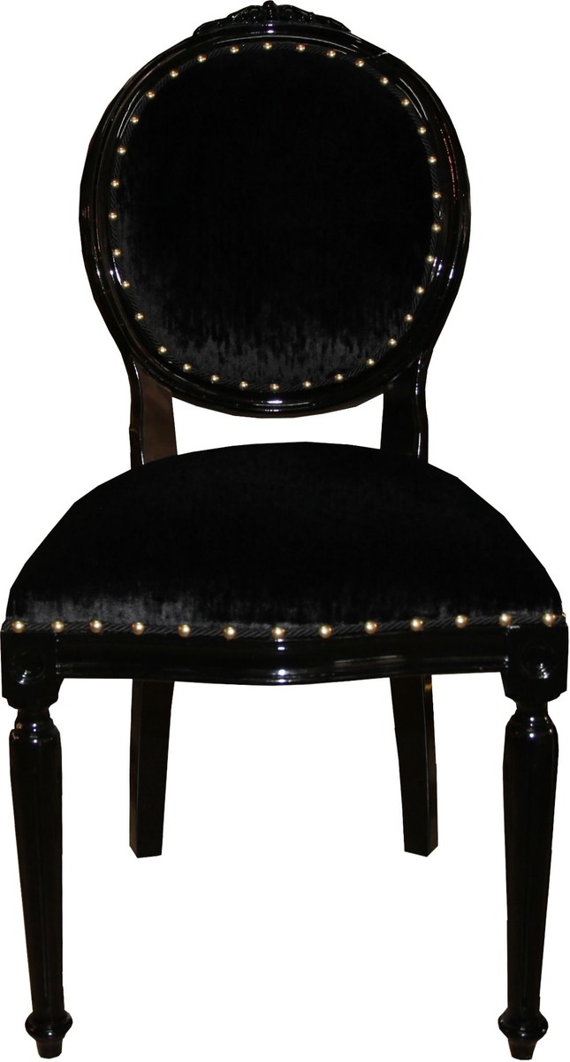 Silla de comedor de lujo con medallón barroco Casa Padrino sin brazos en negro / negro - Edición Limitada Silla de comedor de lujo con medallón barroco Casa Padrino sin brazos en negro / negro - Edición Limitada