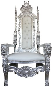 Casa Padrino Baroque Throne Chair Silver / White Faux Leather with Rhinestones - Royal Armchair 174 cm Casa Padrino Baroque Throne Chair Silver / White Faux Leather with Rhinestones - Royal Armchair 174 cm