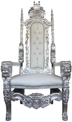 Casa Padrino Baroque Throne Chair Silver / White Faux Leather with Rhinestones - Royal Armchair 174 cm