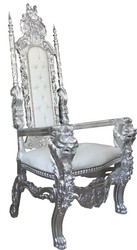 Casa Padrino Baroque Throne Chair Silver / White Faux Leather with Rhinestones - Royal Armchair 174 cm