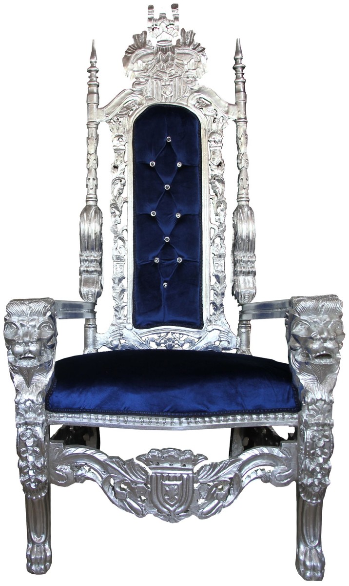 Poltrona Tronetto Barocco House Pate Argento / Blu con strass Bling Bling Royal Chair - Giant Armchair Poltrona Tronetto Barocco House Pate Argento / Blu con strass Bling Bling Royal Chair - Giant Armchair
