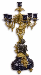 Casa Padrino Candelabro Barocco Blu Scuro / Oro 29,5 x 26,5 x H. 59,4 cm - Decorazione Hotel & Ristorante in Stile Barocco