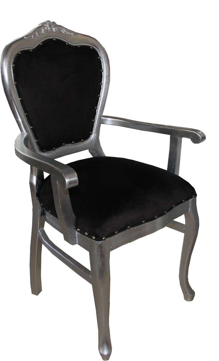 Casa Padrino Barock Luxus Esszimmer Stuhl mit Armlehnen Schwarz / Silber - Möbel - Limited Edition Casa Padrino Barock Luxus Esszimmer Stuhl mit Armlehnen Schwarz / Silber - Möbel - Limited Edition