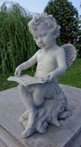 Casa Padrino Art Nouveau Escultura Ángel con Libro Gris 18 x H. 40 cm - Estatuilla Jardín Deco