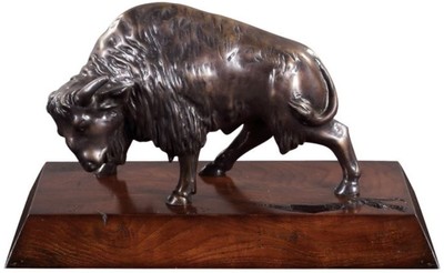 Casa Padrino bison bronce figurine en bronce / brun 35 x 18 x H. 20 cm - Figurine Déco avec Base en Bois d'Acajou
