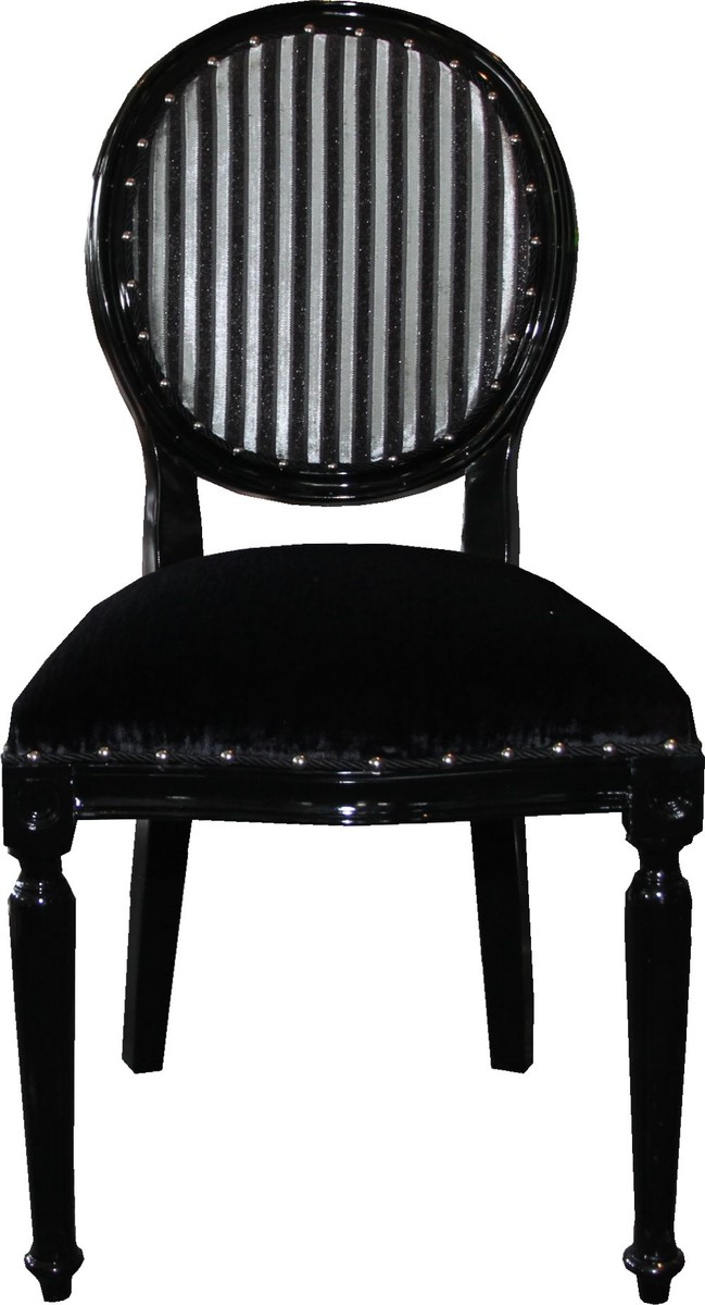 Silla de comedor de lujo con medallón barroco Casa Padrino sin brazos en negro / plateado - Edición Limitada Silla de comedor de lujo con medallón barroco Casa Padrino sin brazos en negro / plateado - Edición Limitada