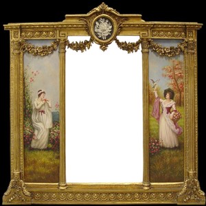 Casa Padrino Luxury Baroque Wall Mirror Gold - B. 152.5 cm x L. 146.4 cm - Golden Mirror with Floral Ornaments - Right and left with Baroque Paintings Casa Padrino Luxury Baroque Wall Mirror Gold - B. 152.5 cm x L. 146.4 cm - Golden Mirror with Floral Ornaments - Right and left with Baroque Paintings
