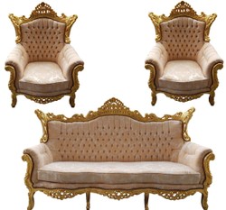 Casa Padrino Juego de salón barroco Master motivo crema y oro con brillantes, sofá de 3 plazas y 2 sillones Casa Padrino Juego de salón barroco Master motivo crema y oro con brillantes, sofá de 3 plazas y 2 sillones