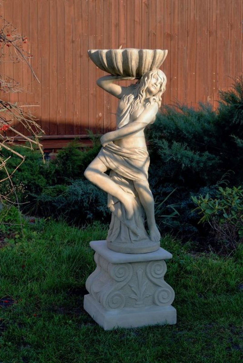 Casa Padrino Jugendstil Gartendeko Statue / Figur Mädchen mit Blumentopf 46 x 43 x H. 156 cm - Dekorative Garten Skulptur mit Sockel