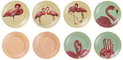 Casa Padrino placas de pared de porcelana deco juego de 8 flamencos y plumas multicolor / oro Ø 27 cm - Decoración de Pared de Lujo