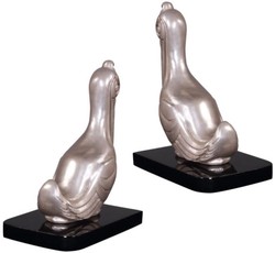 Casa Padrino Luxury Bookends Set Pelicans Silver / Black 18 x 12 x H. 22 cm - Silver Plated Deco Bronze Figures with Wooden Base