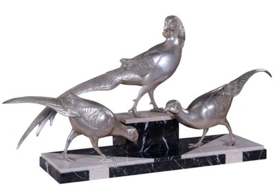 casa padrino luxus designer wohnzimmer hotel restaurant club bar büro deko accessoires 3 fasane figur bronzefigur skulptur versilbert mit marmorsockel