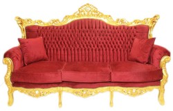 Casa Padrino Baroque Living Room Set Bordeaux velvet fabric / gold - 3 seater sofa + 2 armchairs