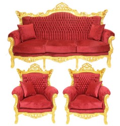Casa Padrino Baroque Living Room Set Bordeaux velvet fabric / gold - 3 seater sofa + 2 armchairs