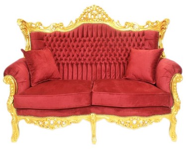Casa Padrino Barock Wohnzimmer Set Bordeaux Samtstoff / Gold - 2er Sofa + 2 Sessel 