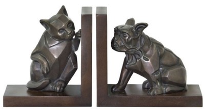 Casa Padrino Luxury Bookend Set Cat & Dog Bronze / Brown 18 x 18 x H. 10 cm - Deco Bronze Figures with Wooden Base