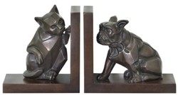 Casa Padrino set di reggilibri di lusso gatto e cane bronzo / marrone 18 x 18 x H. 10 cm - Figure in Bronzo Decò con Base in Legno