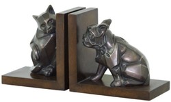 Casa Padrino set di reggilibri di lusso gatto e cane bronzo / marrone 18 x 18 x H. 10 cm - Figure in Bronzo Decò con Base in Legno