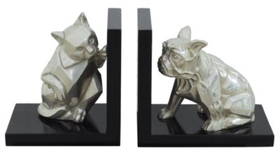 Casa Padrino Luxury Bookend Set Cat & Dog Silver / Black 18 x 18 x H. 10 cm - Deco Bronze Figures with Wooden Base
