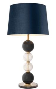 Casa Padrino lampe de table de luxe laiton antique / noir / bleu Ø 50 x H. 96 cm - Lampe de Salon Ronde avec Abat-Jour en Velours
