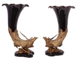 Casa Padrino Ensemble De Vases À Fleurs Art Nouveau Faisans Noir / Laiton 34,8 x 25,5 x H. 47,3 cm - Magnifiques Vases En Porcelaine