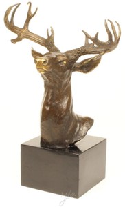 Casa Padrino testa di cervo di lusso in bronzo bronzo / oro / grigio H. 50 cm - Elegante Figura Decorativa con Base in Marmo