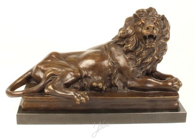 Casa Padrino Figurine Bronze de Luxe avec Socle en Marbre Lion Couché Regardant à Droite Bronze / Gris H. 38 cm - Qualité de Luxe