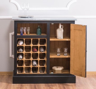 Casa Padrino Landhausstil Weinschrank Schwarz / Naturfarben / Silber 90 x 41 x H. 90 cm - Weinschrank mit Tür und verzinkter Platte