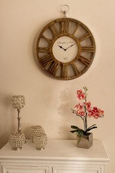 Casa Padrino Luxus Wanduhr Dial Silber / Naturfarben casa padrino luxus designer metall holz uhr tischuhr wanduhr im taschenuhr design wohnzimmer hotel restaurant club bar büro deko accessoires