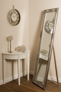 Casa Padrino Barock Standspiegel Silber 50 x H. 180 cm - Handgefertigter Spiegel mit Holzrahmen & wunderschönen Verzierungen