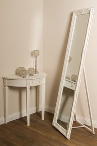 Casa Padrino Barock Standspiegel Weiß / Gold 50 x H. 180 cm - Handgefertigter Spiegel mit Holzrahmen & wunderschönen Verzierungen