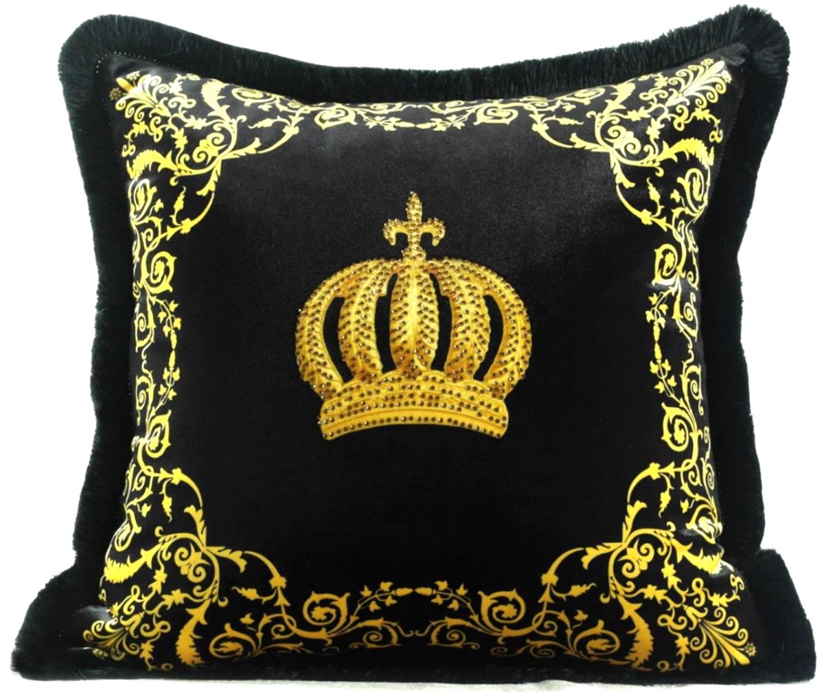 Harald Glööckler Pompöös by Casa Padrino Almohada Decorativa de Lujo Corona Negro / Oro - Tejido de Terciopelo Más Fino - Glööckler Almohada con Diamantes de Imitación Harald Glööckler Pompöös by Casa Padrino Almohada Decorativa de Lujo Corona Negro / Oro - Tejido de Terciopelo Más Fino - Glööckler Almohada con Diamantes de Imitación