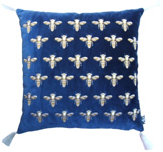 Casa Padrino cuscino di lusso con nappe api blu / oro 45 x 45 cm - Tessuto in Velluto Finissimo - Accessori di Decorazione di Lusso
