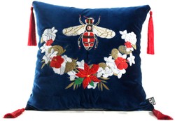 Casa Padrino Luxus Samt Kissen mit Troddeln Bee Blau / Mehrfarbig casa padrino luxus designer samt kissen zierkissen mit troddeln bee biene wohnzimmer schlafzimmer hotel deko accessoires