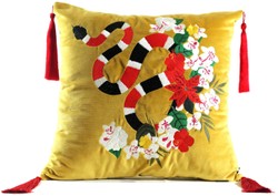 Casa Padrino Luxus Samt Kissen mit Troddeln Snake Gelb / Mehrfarbig casa padrino luxus designer samt kissen zierkissen mit troddeln snake schlange wohnzimmer schlafzimmer hotel deko accessoires