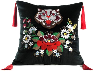 Casa Padrino almohada de lujo con borlas gato negro / multicolor 45 x 45 cm - Tejido de Terciopelo Más Fino - Almohada de la Sala Casa Padrino almohada de lujo con borlas gato negro / multicolor 45 x 45 cm - Tejido de Terciopelo Más Fino - Almohada de la Sala