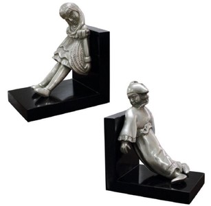 Casa Padrino Luxury Bookend Set Girl & Clown Silver / Black 14 x 10 x H. 17 cm - Silver Plated Deco Bronze Figures with Wooden Base