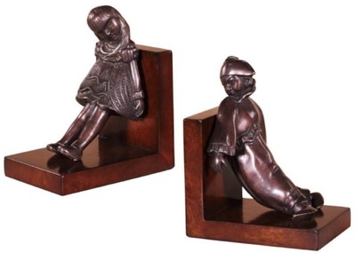 Casa Padrino Luxury Bookend Set Girl & Clown Bronze / Brown 14 x 10 x H. 17 cm - Deco Bronze Figures with Wooden Base