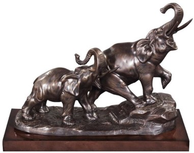 Casa Padrino elefantes de bronce sobre base de madera color bronce / marrón 42 x 17 x H. 33 cm - Figuras Decorativas de Bronce de Lujo