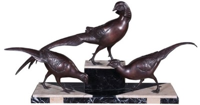 Casa Padrino decoración figuras de bronce de lujo 3 faisanes bronce / negro / blanco 84 x 20 x H. 42 cm - Figuras de Decoración con Base de Mármol