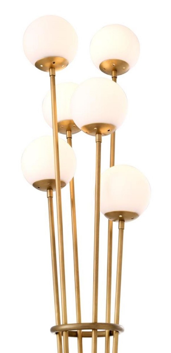Casa Padrino lampada da terra di lusso ottone antico / nero / bianco Ø 42 x H. 169 cm - Lampada da Terra di Design con Base in Marmo e Paralumi Sferici in Vetro