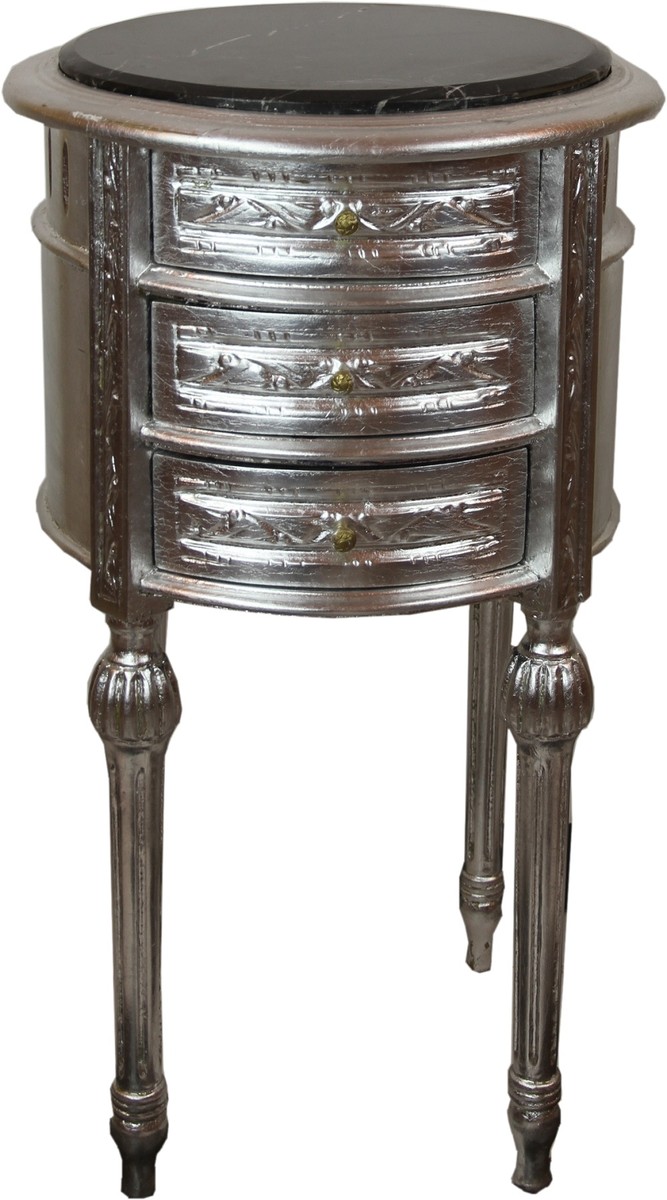 Casa Padrino table d'appoint baroque avec plateau en marbre argent / noir Ø 42 x H. 73 cm - Petite Commode Ronde avec 3 Tiroirs Casa Padrino table d'appoint baroque avec plateau en marbre argent / noir Ø 42 x H. 73 cm - Petite Commode Ronde avec 3 Tiroirs