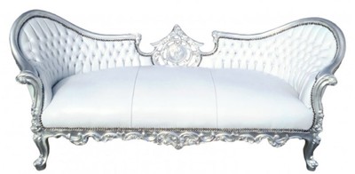 Casa Padrino Divano Barocco Vampiro Bianco / Argento 200 x 75 x H. 82 cm - Divano da Salotto Fatto a Mano con Aspetto Pelle - Edizione Limitata - Mobili Barocchi