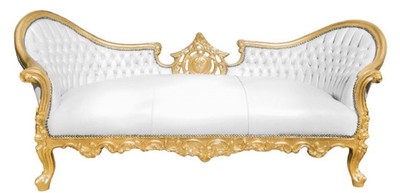 Casa Padrino Divano Barocco Vampiro Bianco / Oro 200 x 75 x H. 82 cm - Divano da Salotto Fatto a Mano con Aspetto Pelle - Edizione Limitata - Mobili Barocchi