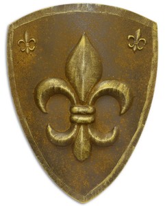 Casa Padrino scudo da cavaliere in metallo giglio di francese ruggine / oro antico 54 x H. 71 cm - Decorazione Medievale