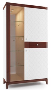 Casa Padrino Luxury Display Cabinet White / Glossy Brown 111.2 x 45 x H. 205 cm - Illuminated Living Room Cabinet with 2 Doors and Drawer - Living Room Furniture